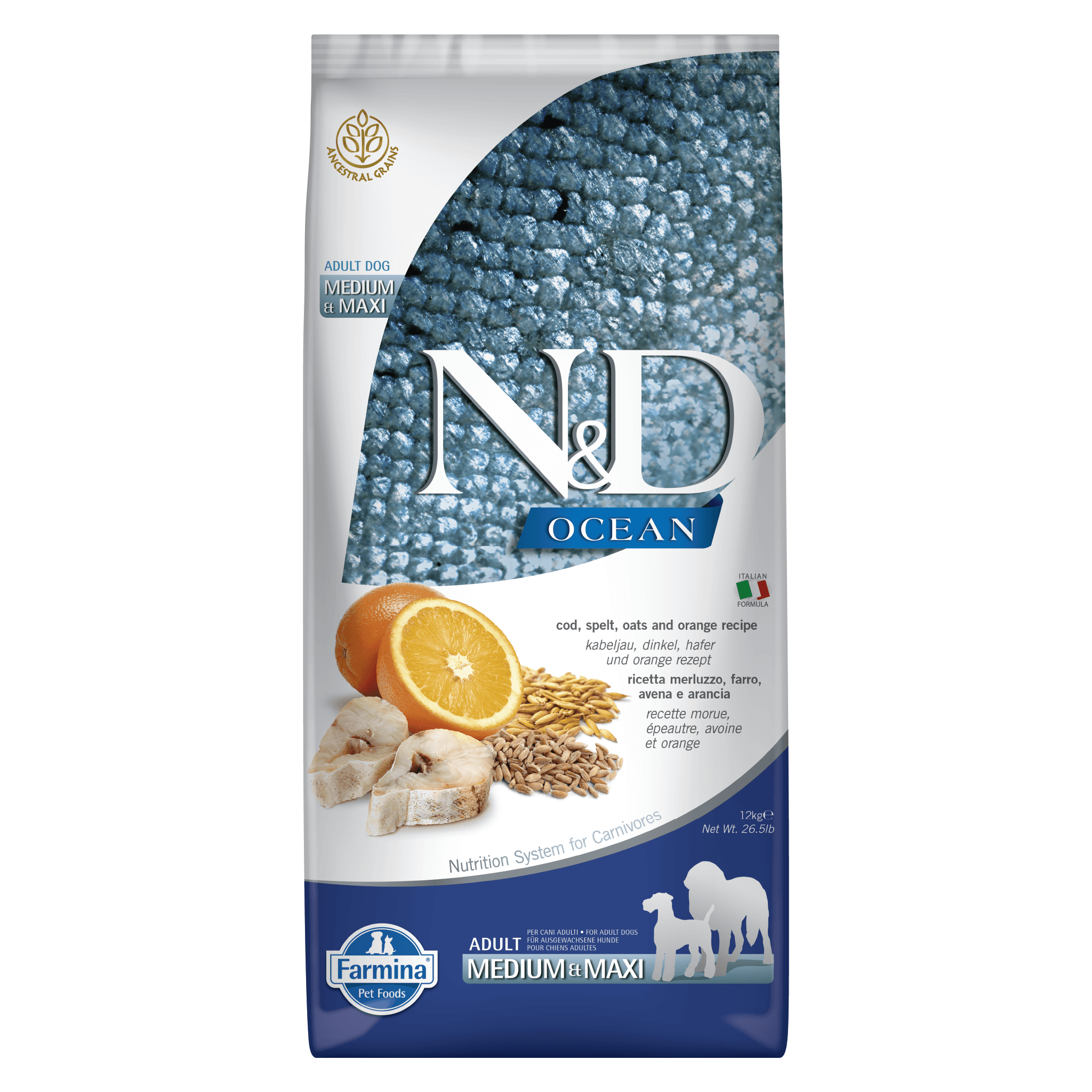 N&D Ocean Cod, Spelt, Oats & Orange Adult Medium & Maxi Kibble Size Dry Dog Food 12kg