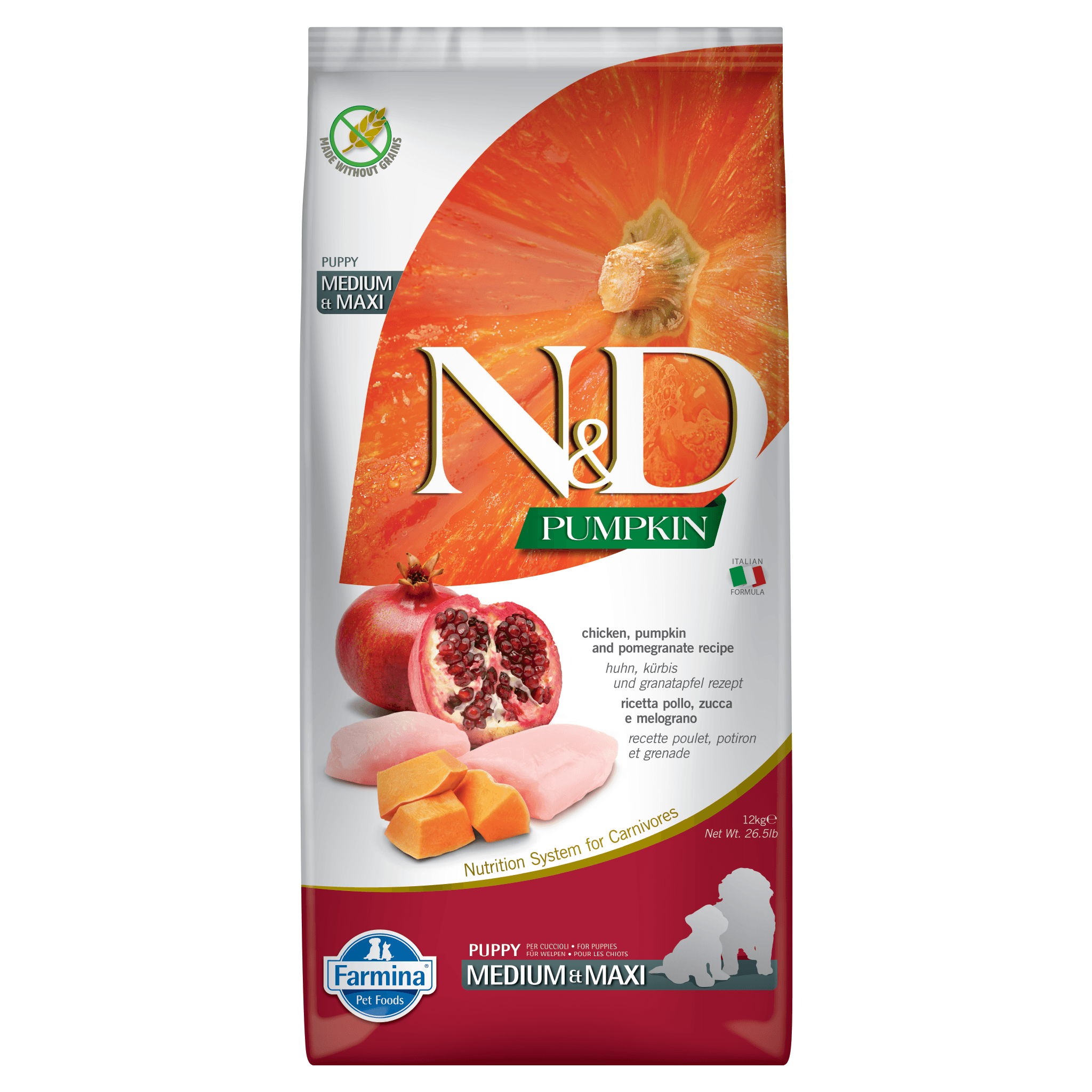 N&D Pumpkin Grain Free Chicken & Pomegranate PUPPY Medium & Maxi Kibble Size Dry Dog Food 12kg